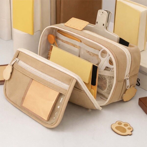 Cartuchera Organizador Escolar Grande Triple Cierre Bolsillo Color Beige