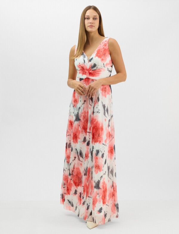 Vestido Largo Estampado Floral Con Escote BLANCO/MULTI