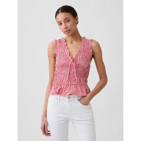 V-SL SMOCKED TIE TOP RED GINGHAM