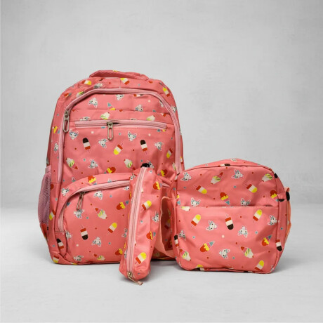 Set Mochila 3 Piezas Estampado Helados Escolar Resistente Rosa