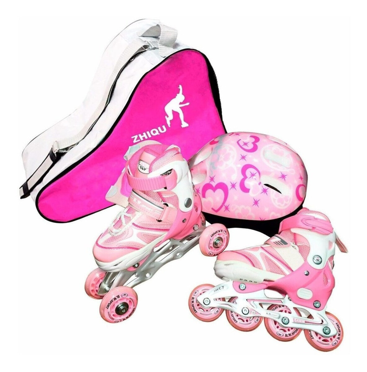 Set Rollers Aluminio + Casco + 6 Protecciones + Bolso - Rosado 