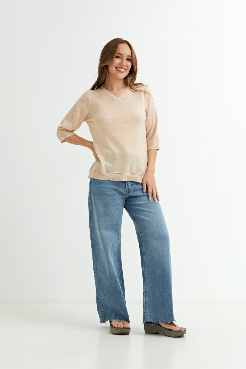 Sweater manga 3/4 cuello V - Beige 