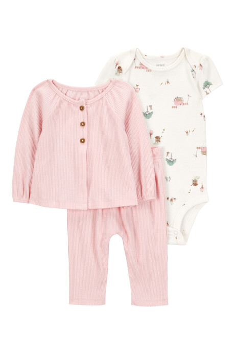 Set tres piezas de algodón, pantalón y saco acanalados más body manga corta Set tres piezas de algodón, pantalón y saco acanalados más body manga corta