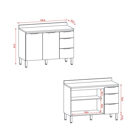 Modulo Bajo Mesada Para Cocina C/Tapa Dos Puertas Tres Cajones De 120 cms. GAMAS DE BEIGE