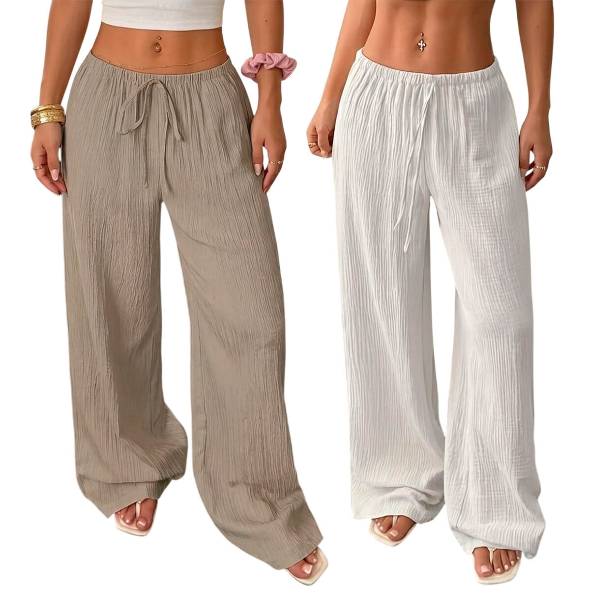 Set 2 Pantalones Palazzo Dama Tipo Lino Anchos Verano - Blanco 