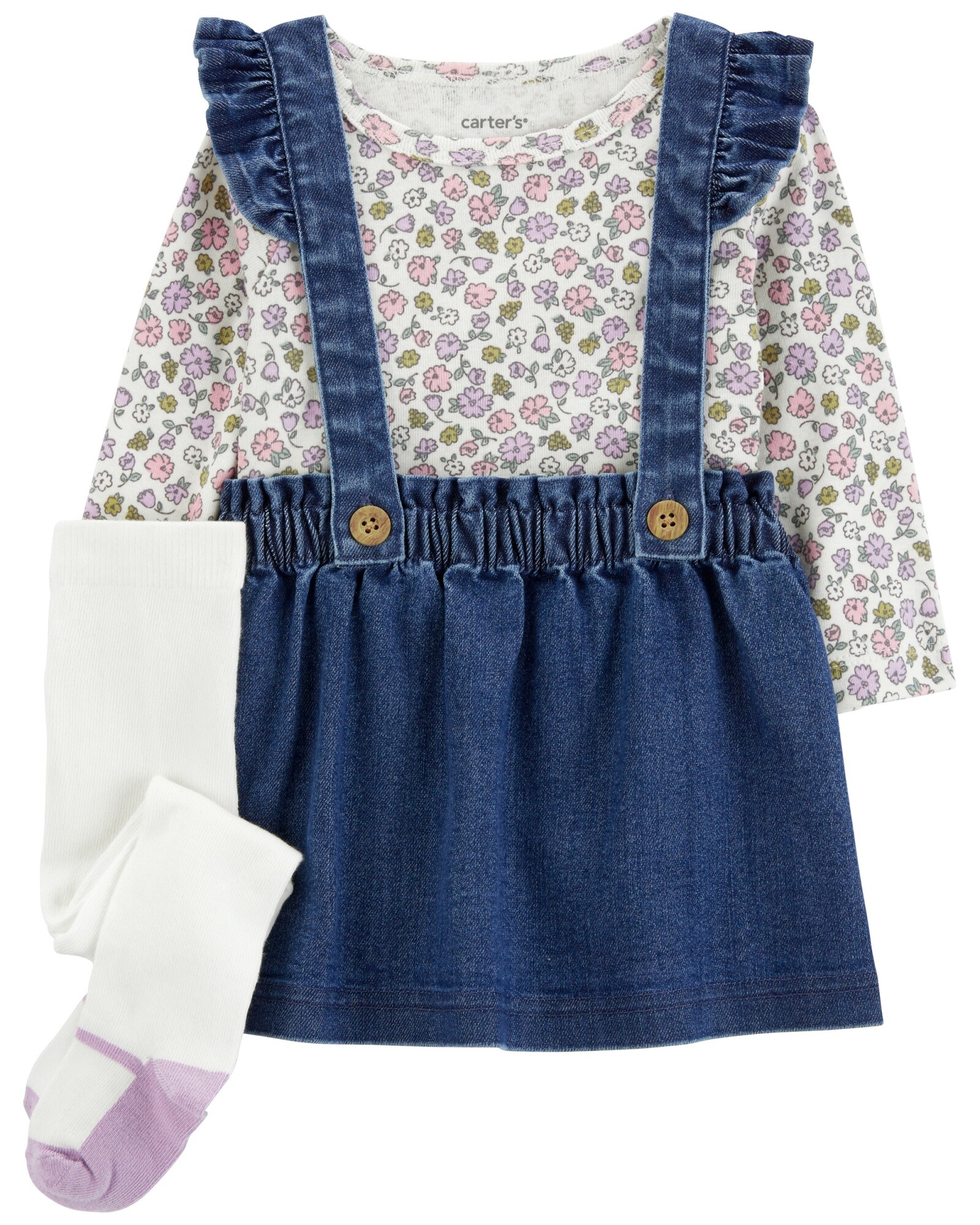 Set tres piezas, jumper jean, remera y medias de algodón Sin color