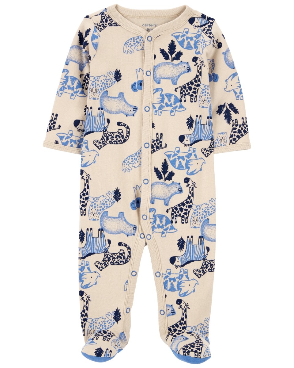 Pijama una pieza de algodón con pie diseño safari. Talles 0-9M 