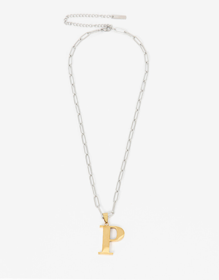 Cadena Corta con Dije Letras Collar Acero Inicial Letra "p" - Combinacion Bicolor