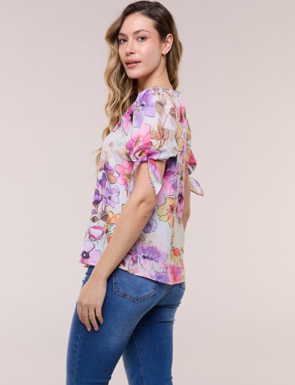 Blusa Flores Acuareladas Con Mangas Con Lazos VIOLETA/MULTI