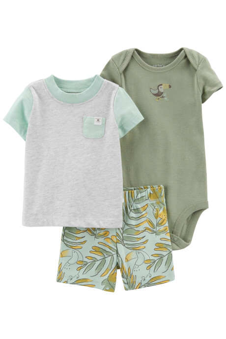 Set tres piezas short, remera y body de algodón diseño tucán Set tres piezas short, remera y body de algodón diseño tucán