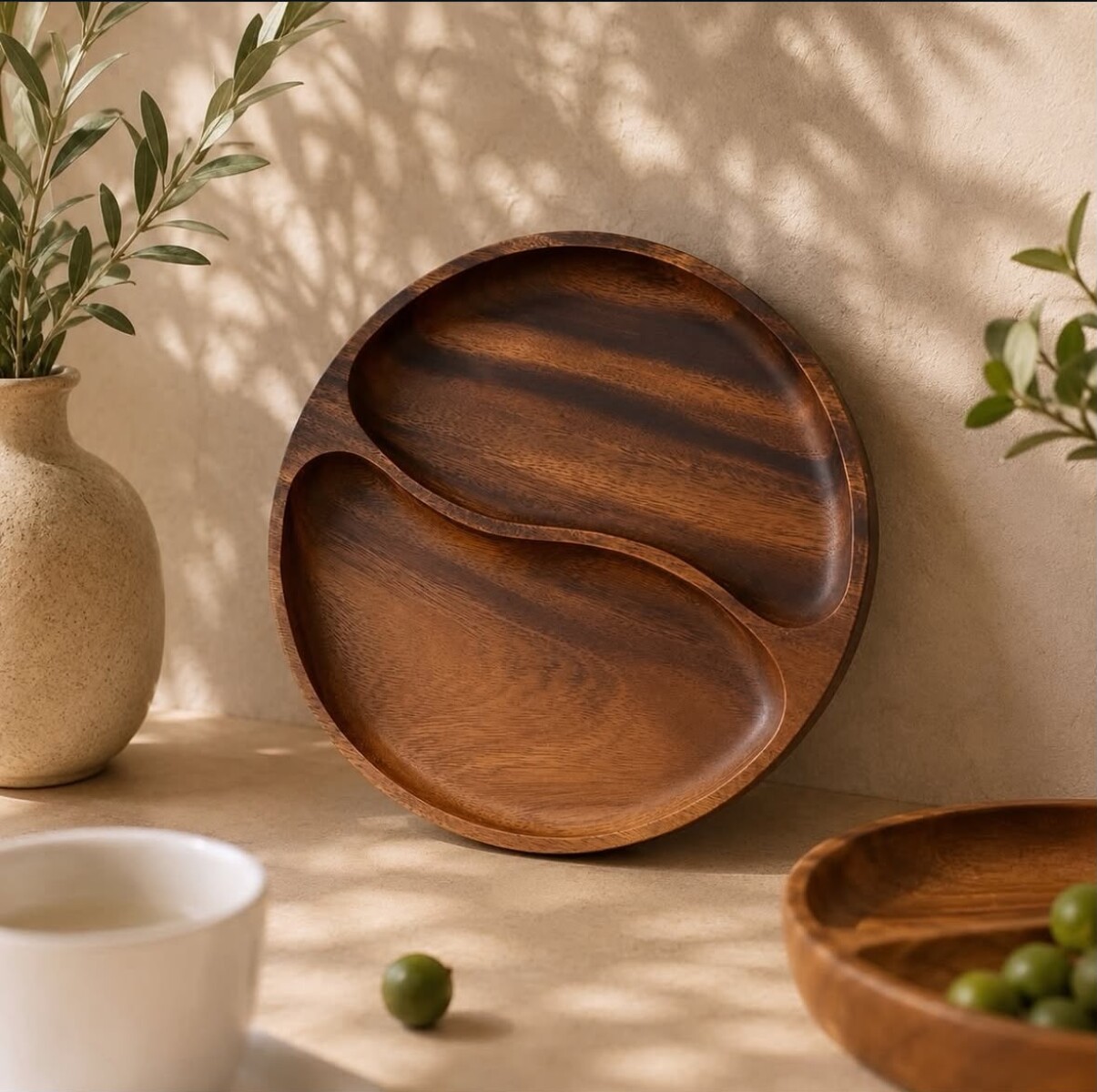 Bandeja Redonda de Madera de Acacia con 2 Compartimentos para Snacks y Picadas ( Ø25cm x Alto 3cm) 