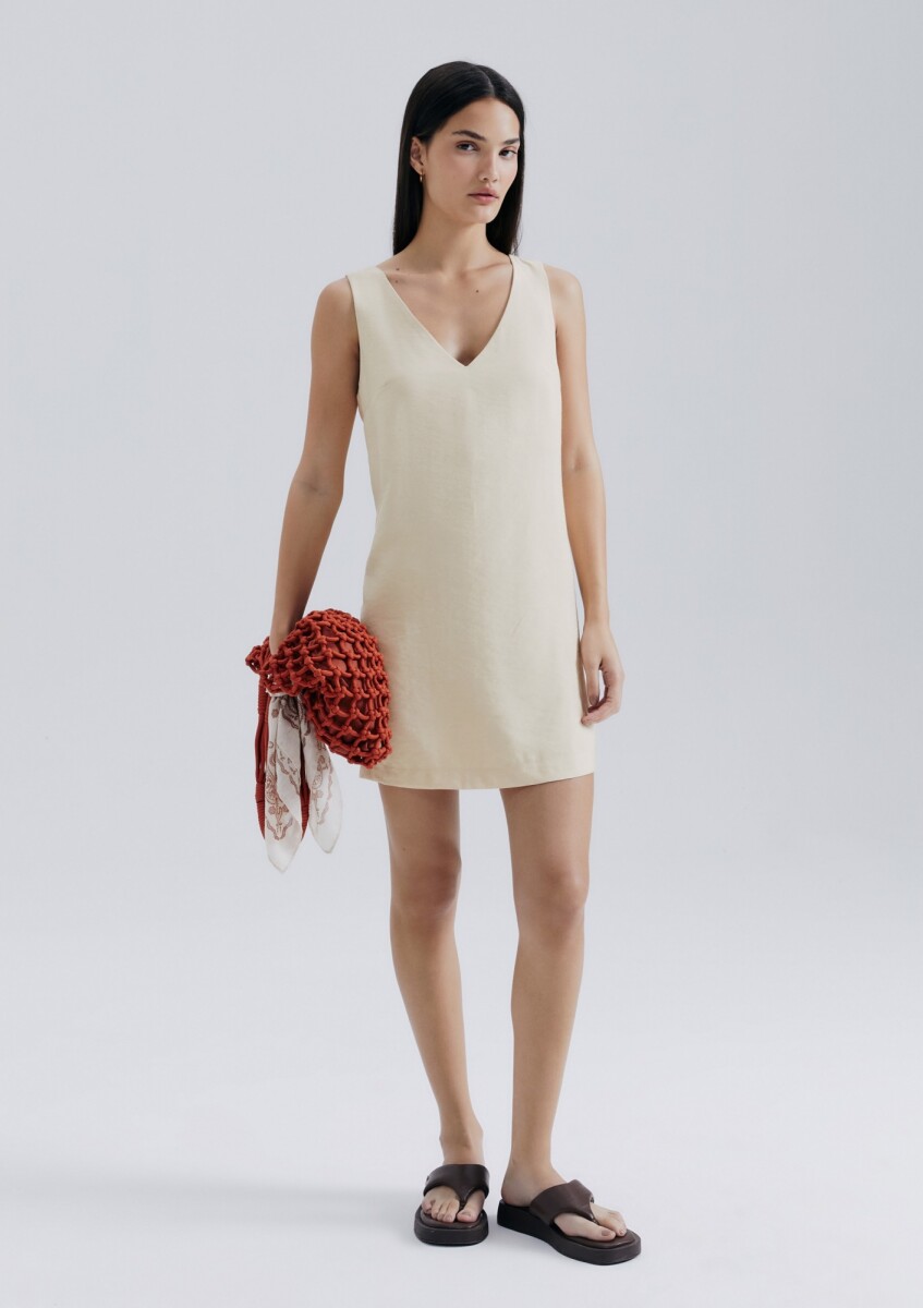 VESTIDO CON ESCOTE EN V - BEIGE 