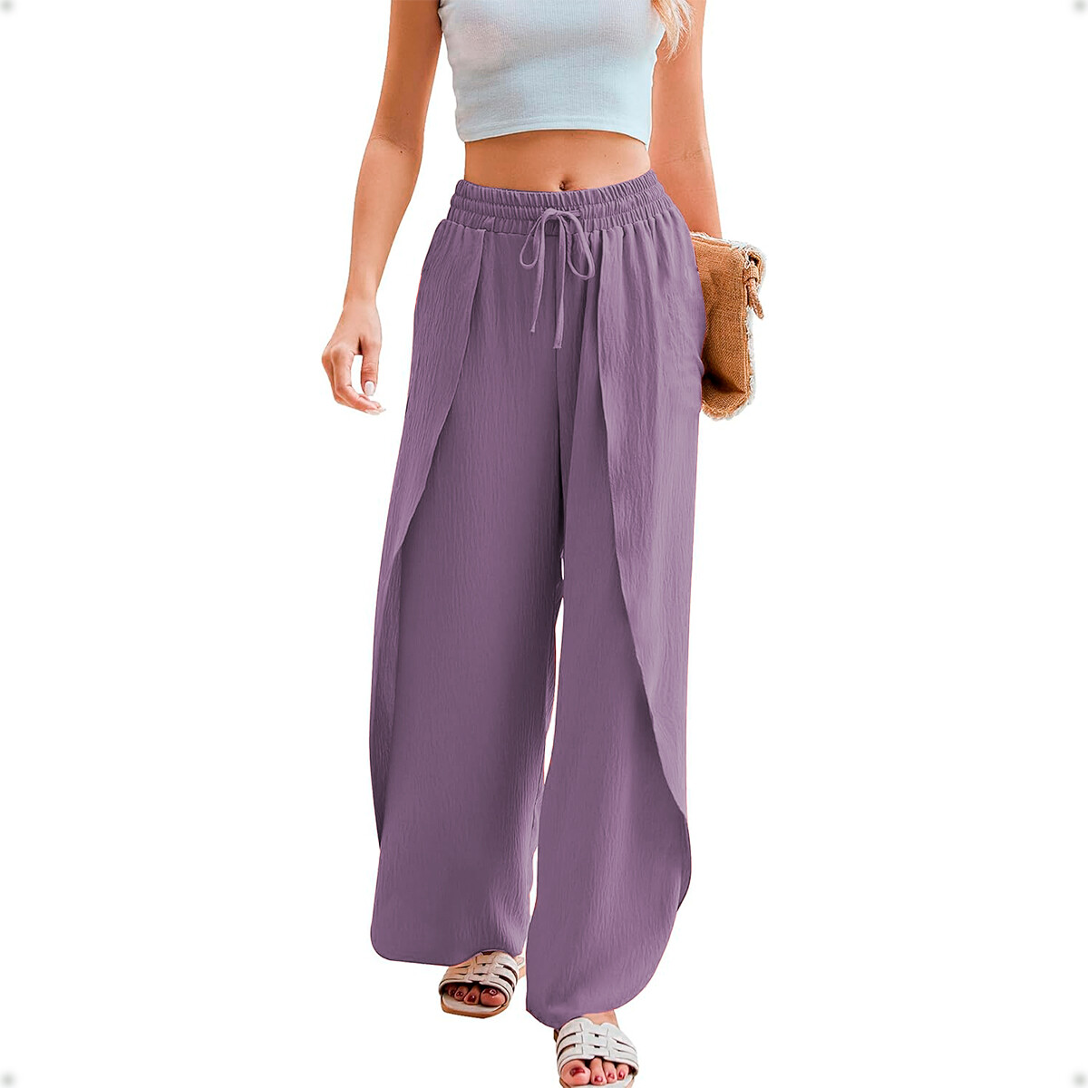 Pantalón Palazzo Elastizado Liso con Abertura - Lila 