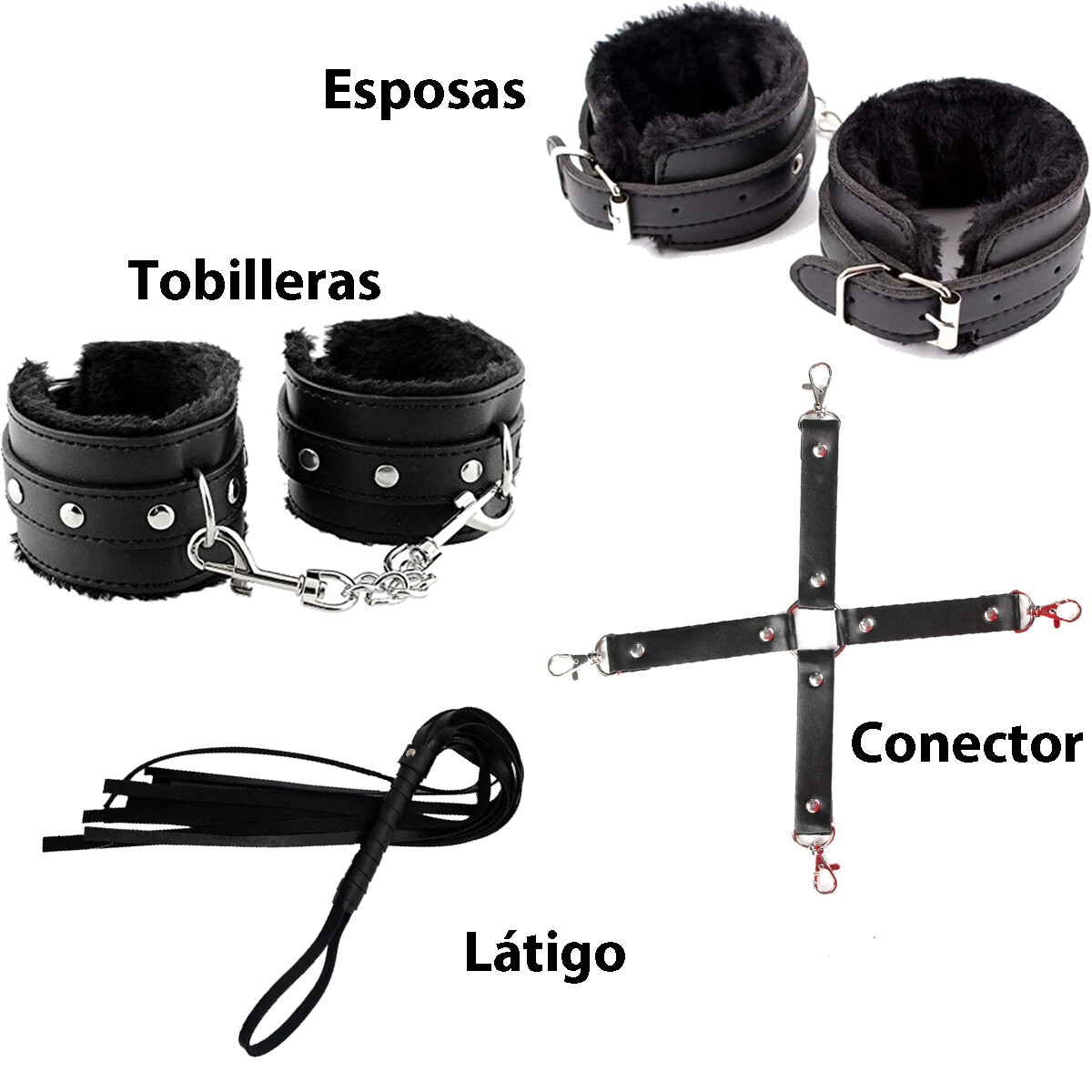 Set Bdsm Conector + Esposas y Tobilleras + Látigo 