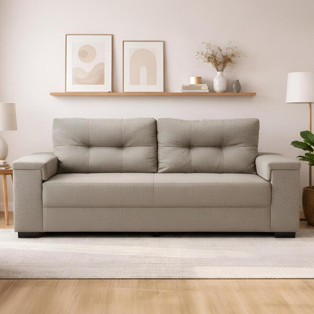 Sillón Sofá de 3 Cuerpos Amsterdam en Lino– Estructura de Madera Maciza y Confort Soft Color Gris Beige 