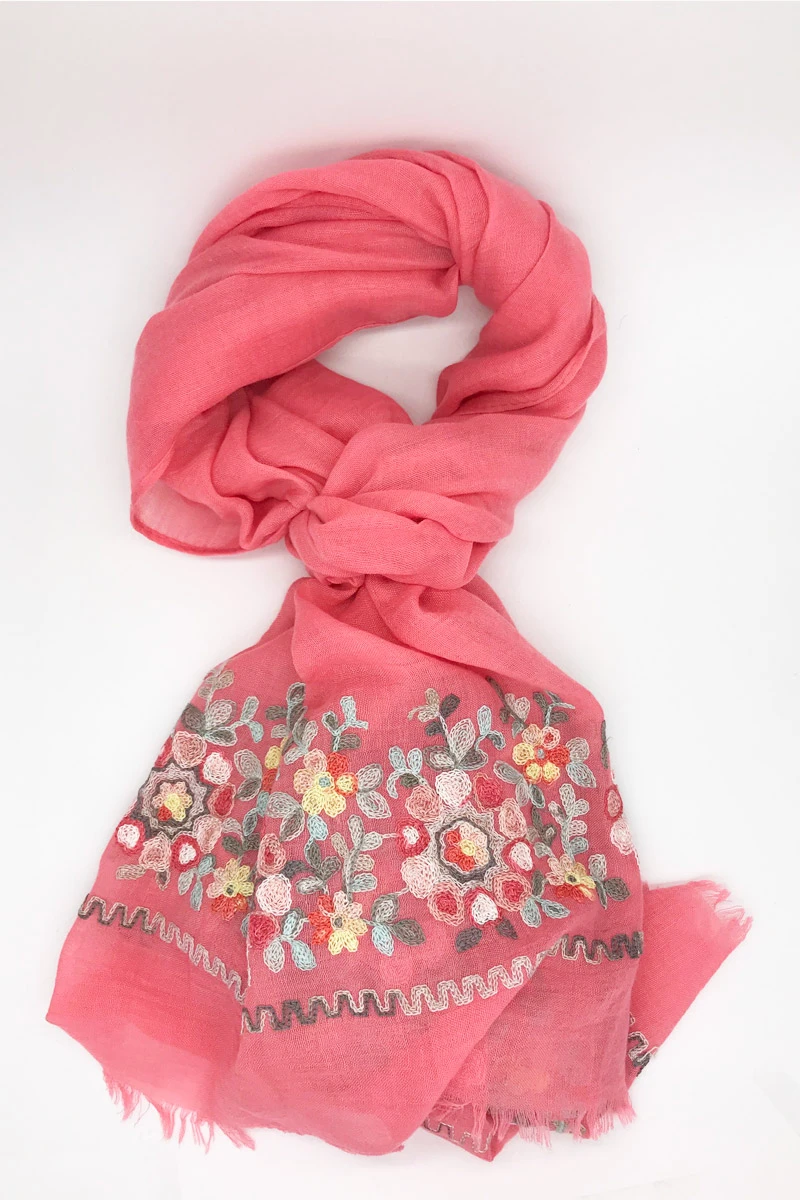 Pañuelo Bordado Flores - Coral 