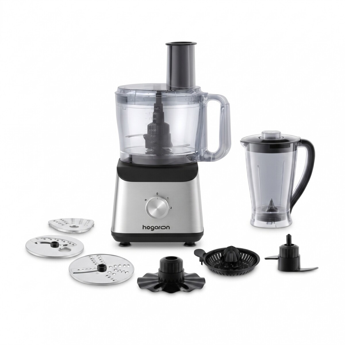 Multiprocesadora 12 En 1 HOGARON HGFP25 1500W Capacidad 2,5L 2 Velocidades + Pulse Con Licuadora, Exprimidor y Accesorios 