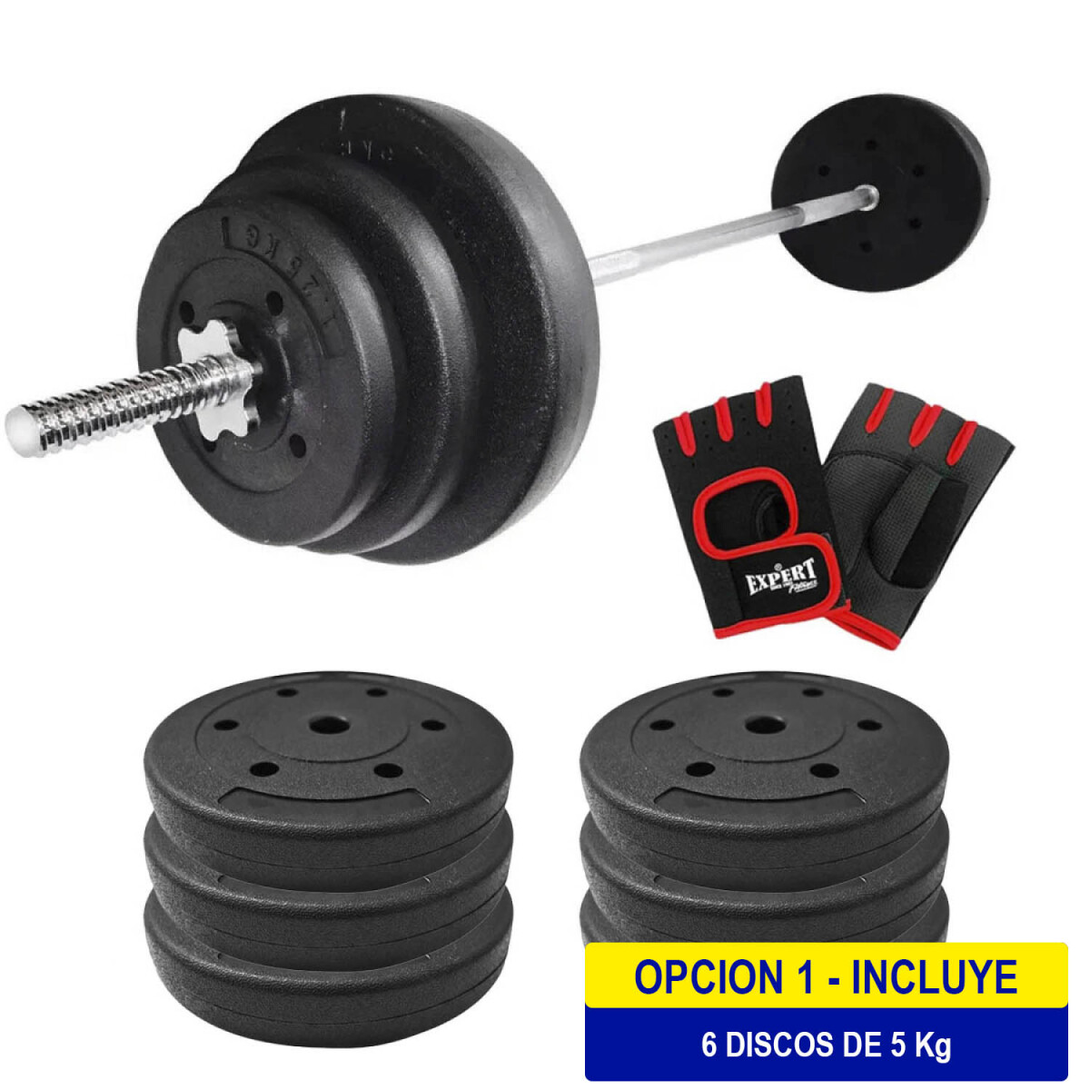 Set Barra Maciza 1.50m +30kg Discos Pesas Gimnasio - 6x5KG 