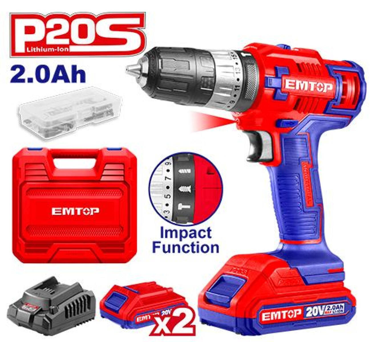Set atornillador 20v + 2bat + maleta Emtop 