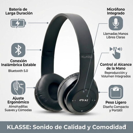 Auriculares Inalámbricos Klasse On Ear | Bluetooth 5.0 | Color negro Auriculares Inalámbricos Klasse On Ear | Bluetooth 5.0 | Color negro