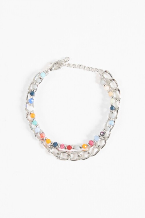 Pulsera doble cadena y piedras plateado