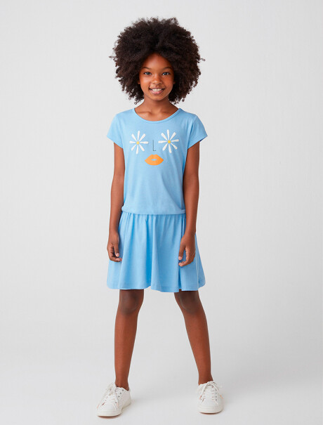 VESTIDO DE NIÑA CORTO ESTAMPADO CELESTE