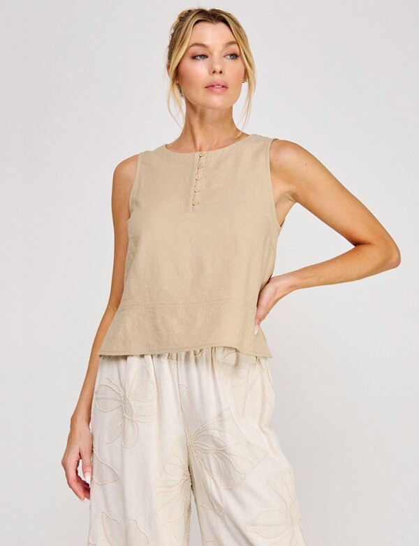Blusa De Lino Sin Mangas Con Botones BEIGE