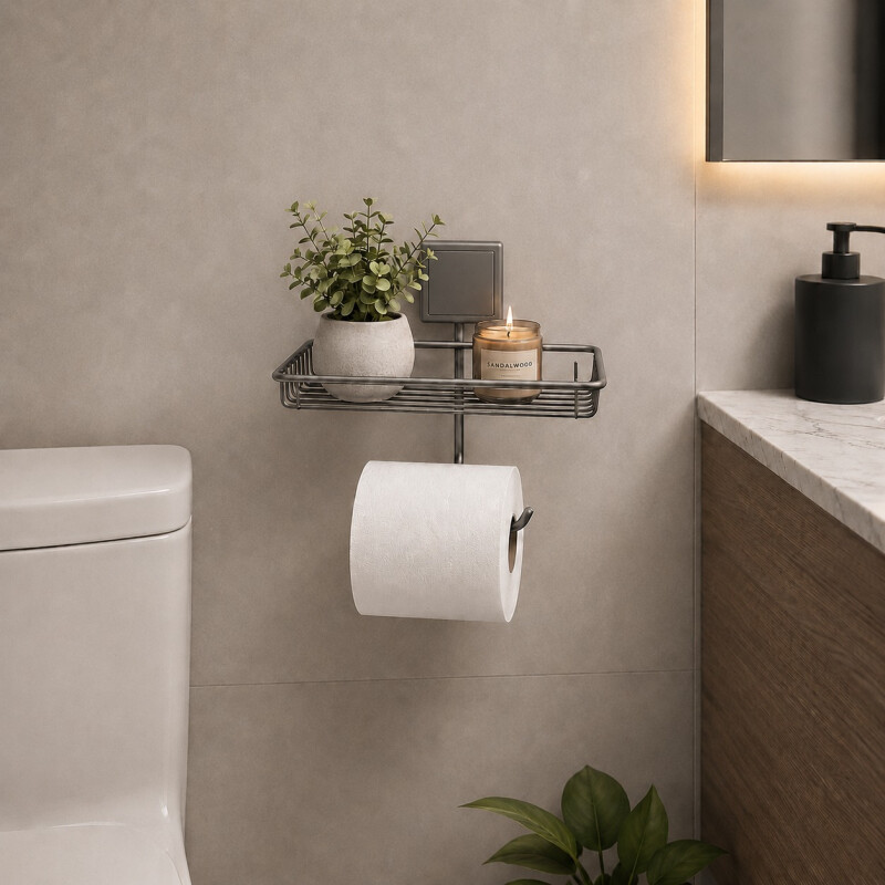 Porta Rollo de Papel y Soporte para Objetos con Ventosa en Acero de Carbono Future Plata