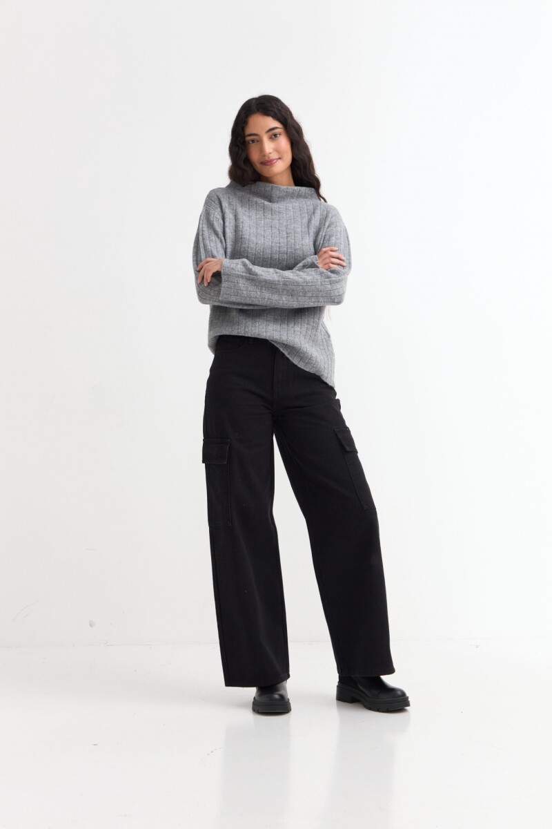Sweater canalé con mangas oxford GRIS CLARO