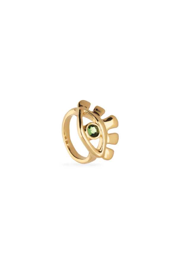 ANILLO EN ALEACIÓN DE METALES BAÑADO EN ORO 18K EN FORMA DE OJO CON CRISTAL FACETADO VERDE Anillo
