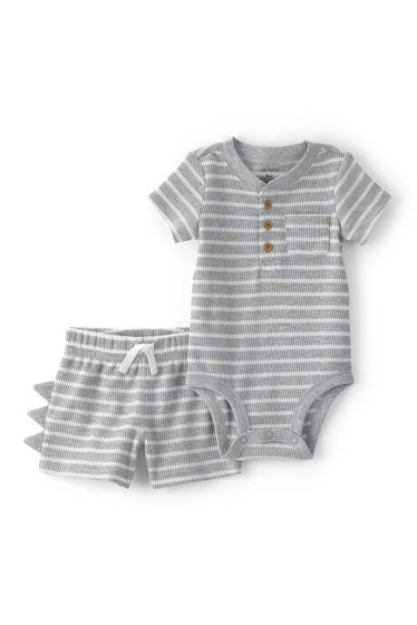 Set dos piezas de algodón térmico, short y body, gris, diseño a rayas con espinas de dino Set dos piezas de algodón térmico, short y body, gris, diseño a rayas con espinas de dino