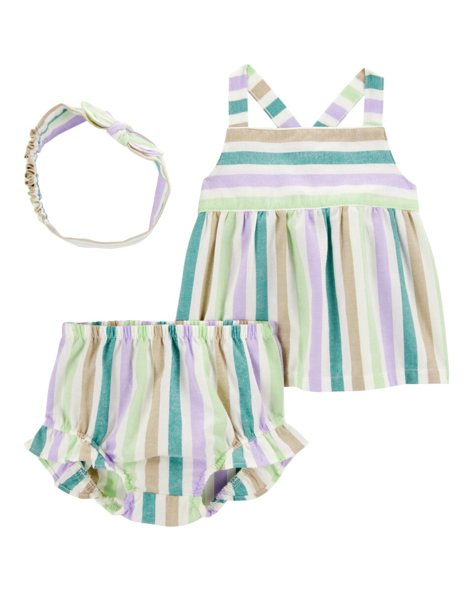 Set tres piezas de algodón, short, blusa y vincha, diseño a rayas 