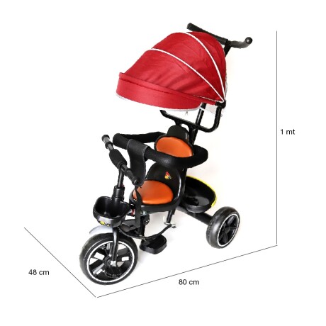Triciclo Coche Infantil c/ Guía Volante y Capota Diseño Liso Rojo