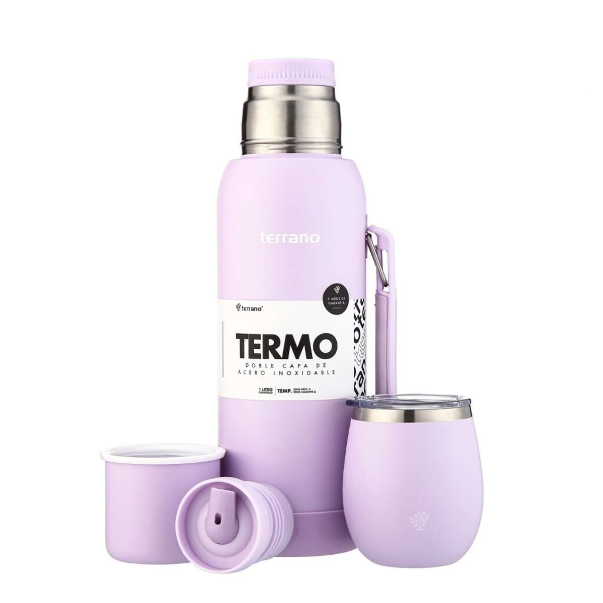 Kit Termo 1Lt Con Base De Silicona + Mate De Acero Con Tapa - Lila 