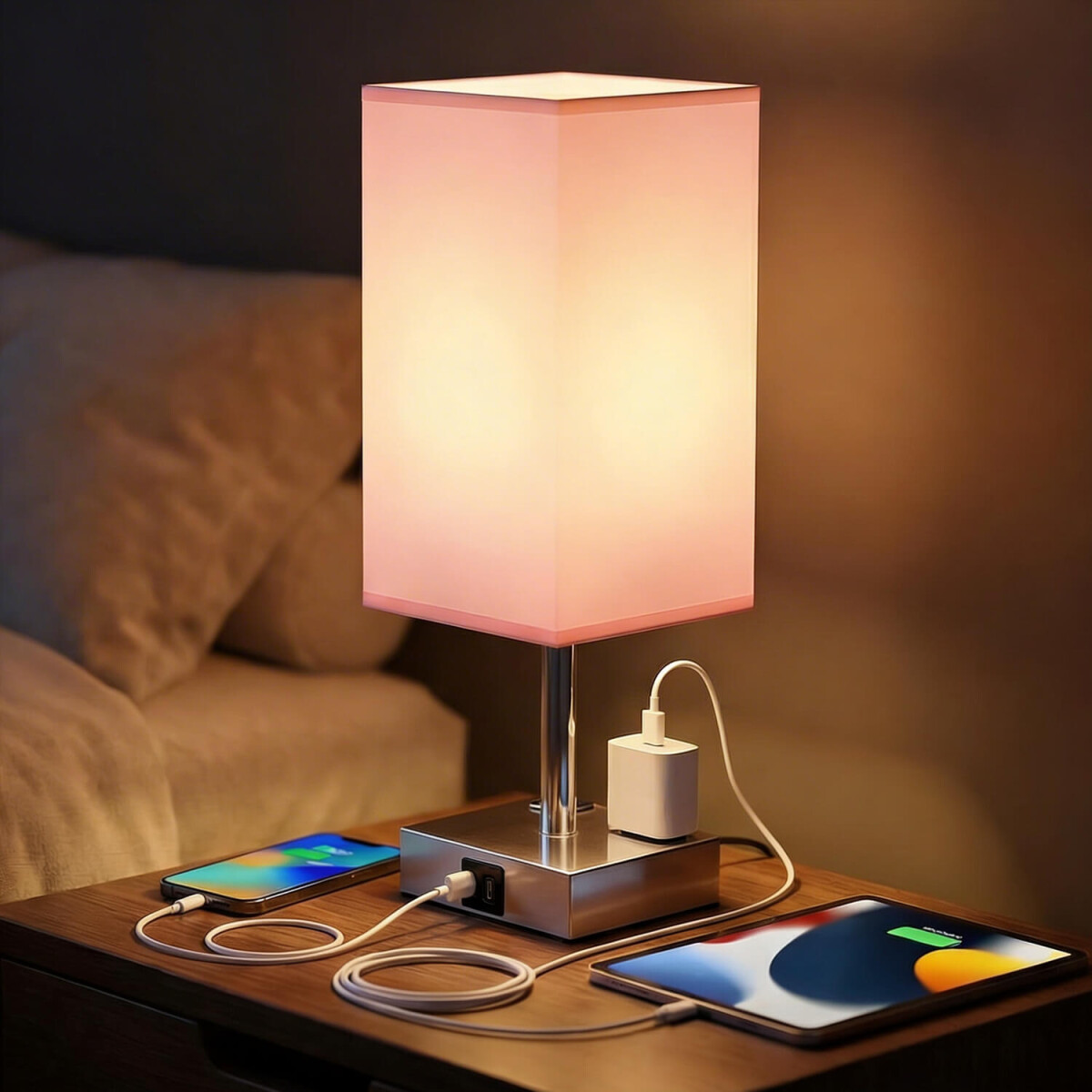 Lámpara de Mesa Touch IMBACK IBK-ILU013 | Con USB-C, USB-A y Enchufes | Moderna y Funcional Rosa 