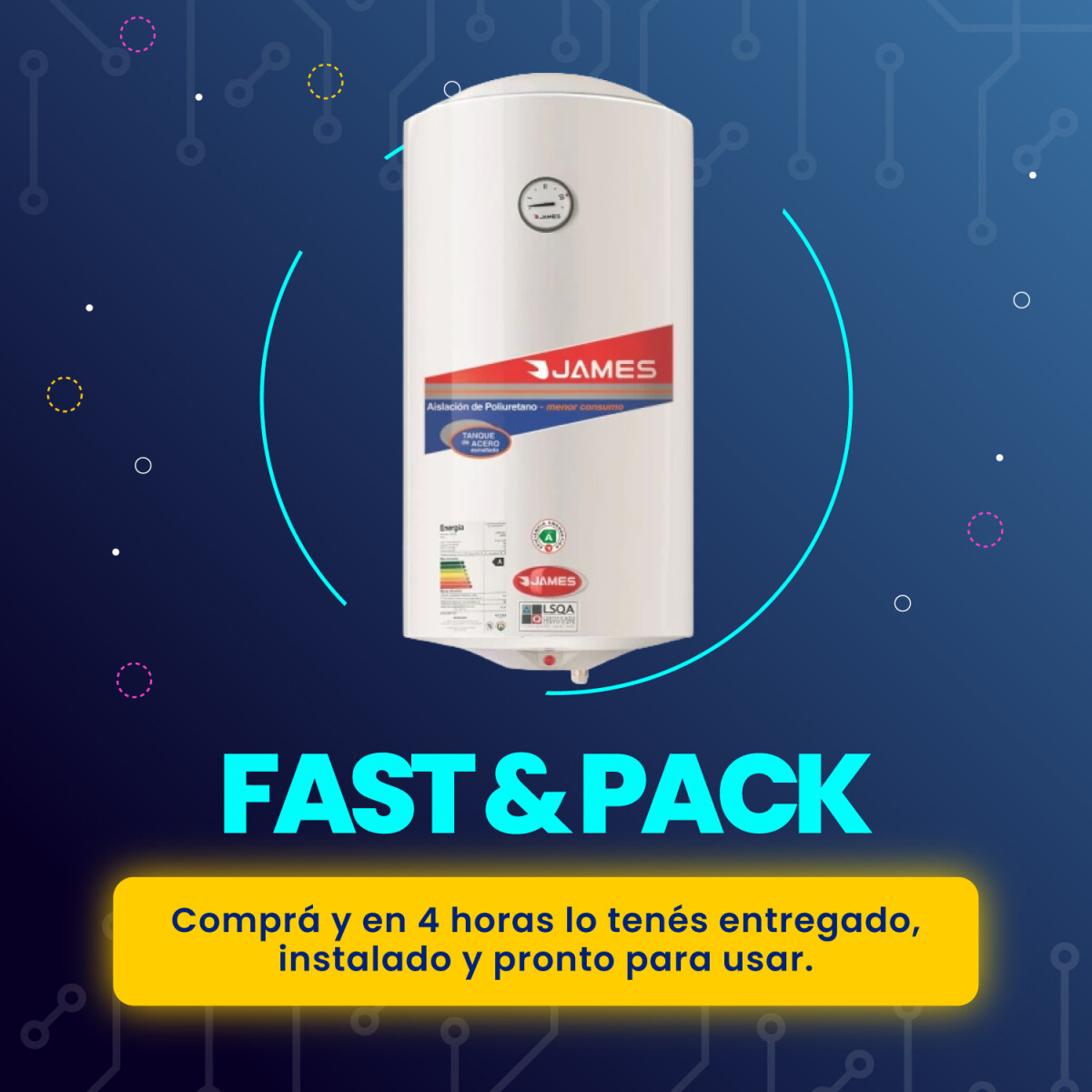 Pack Calefón James 60L cilindrico de Acero + Instalación 