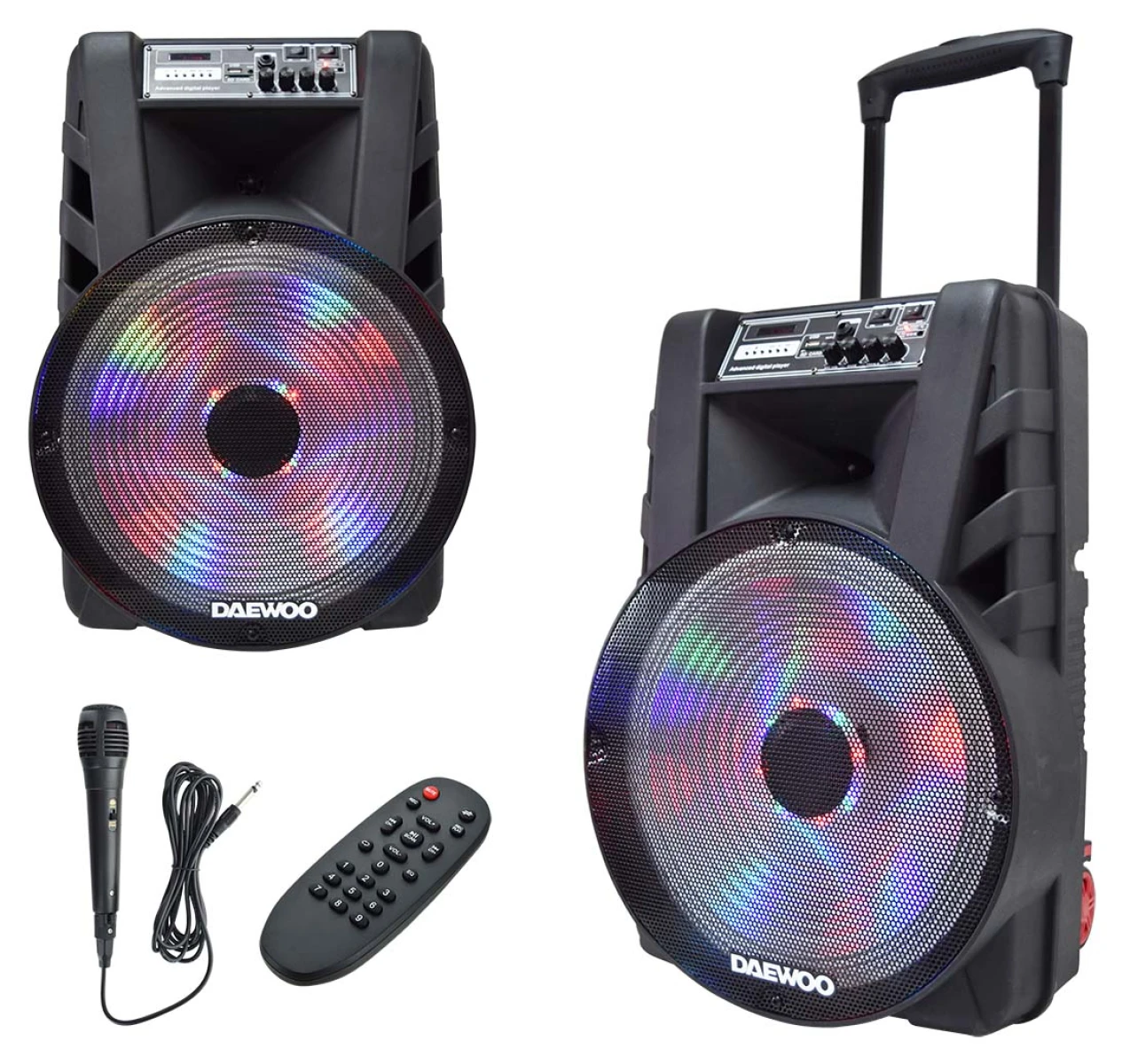 PARLANTE DAEWOO 37.5CM 25W BLUETOOTH USB RADIO FM LUZ LED MICRO CONTROL 