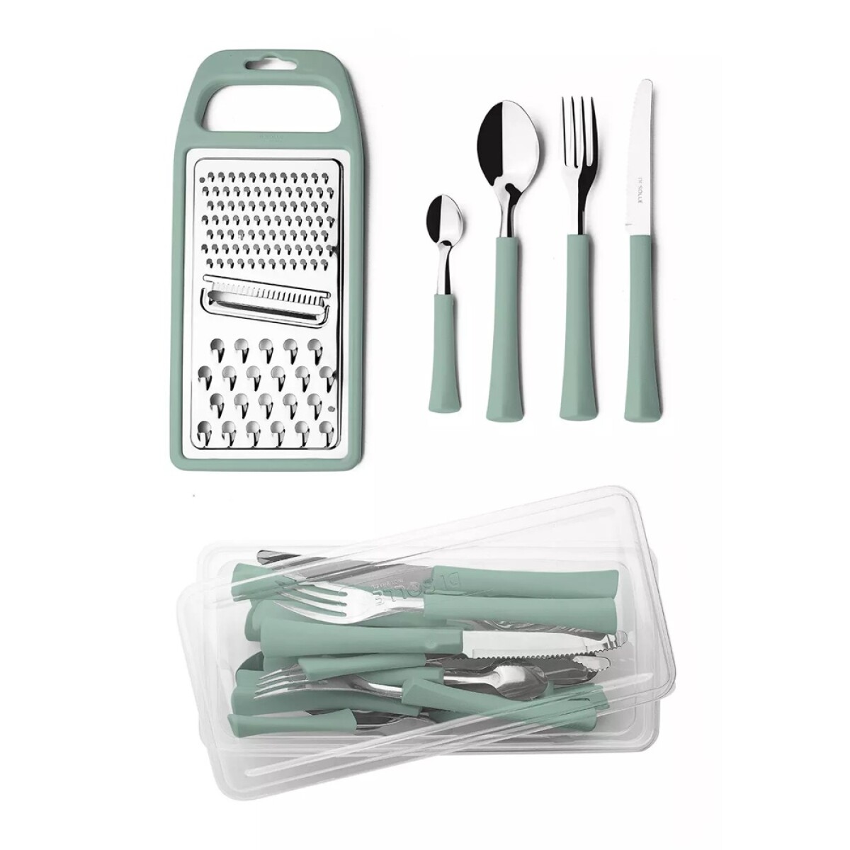 Set 24 Cubiertos + Rallador Acero Inox Mango Plástico Inova - Verde Claro 