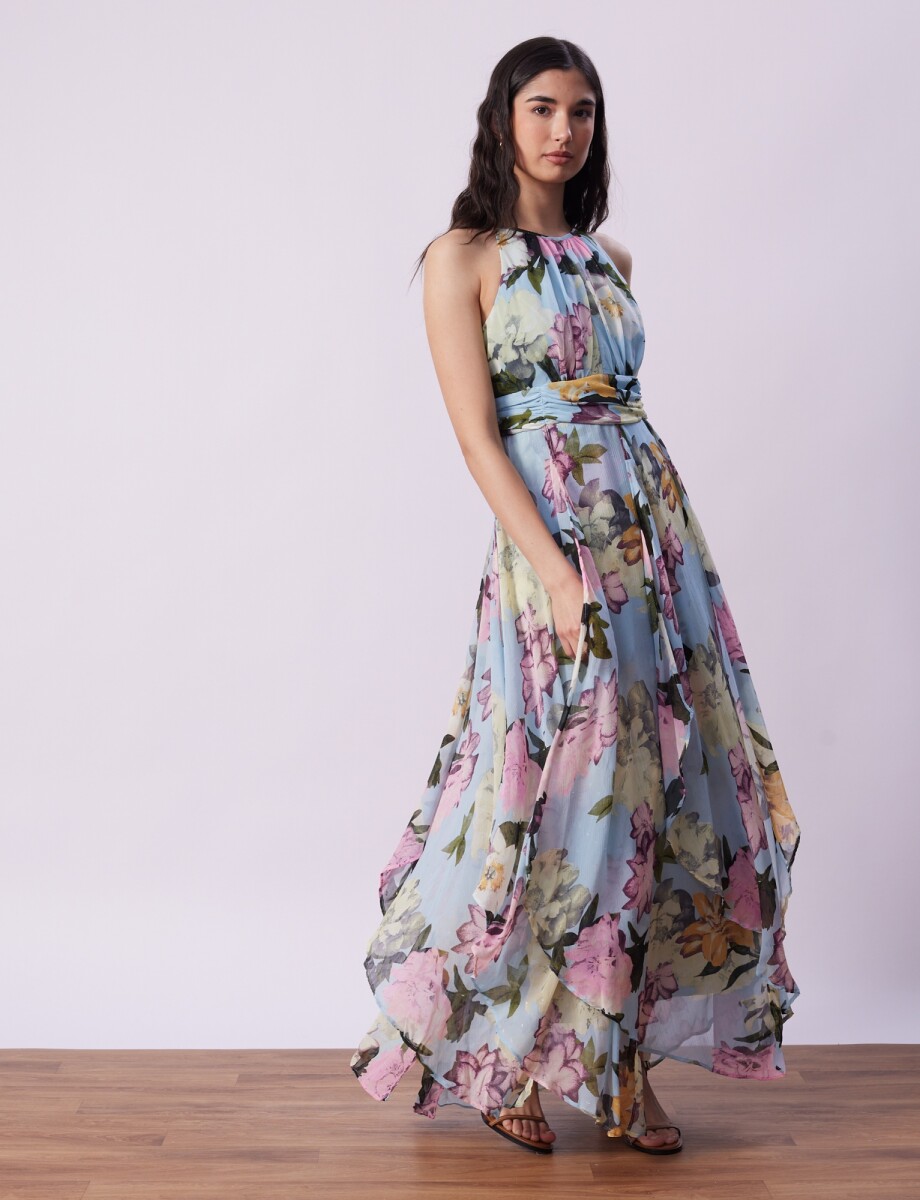 Vestido Noche Maxi - Celeste/multi 