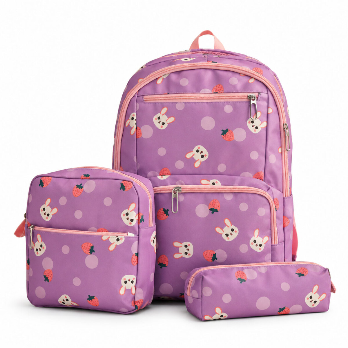 Set Mochila 3 Piezas Diseño Frutillitas Escolar Resistente - Lila 