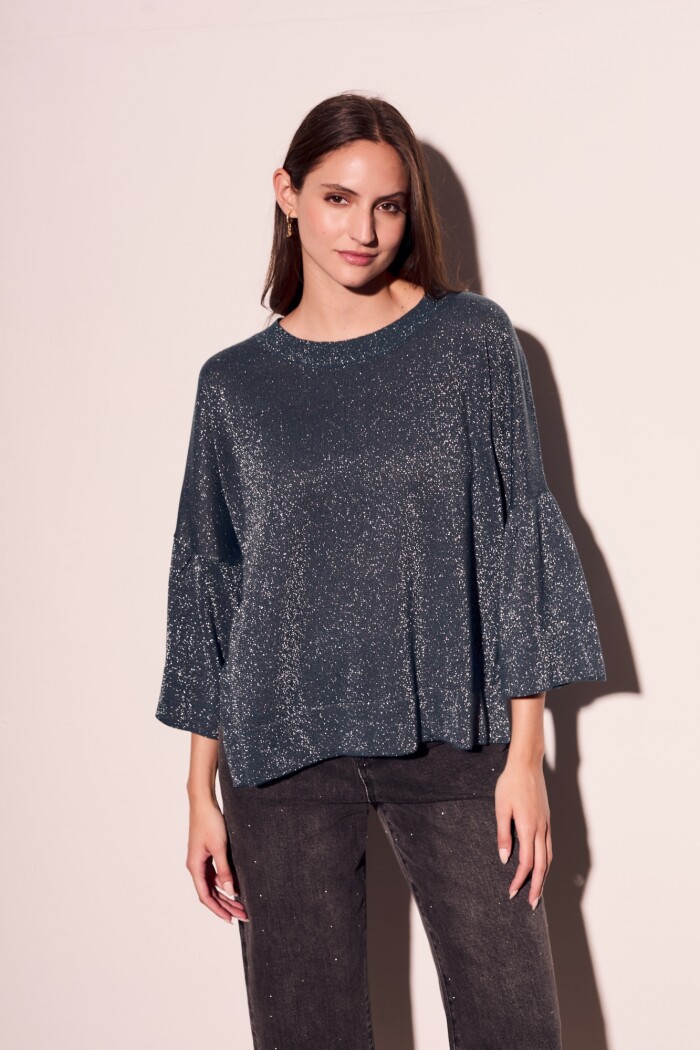 Sweater Manga Volados Lurex Petroleo
