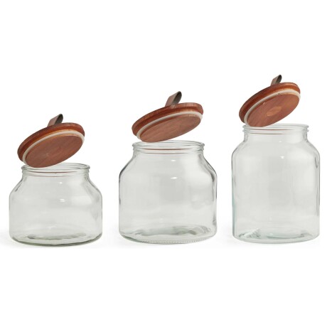 Set X3 Frascos Recipientes en Vidrio con Tapa Madera y Cuero Transparente