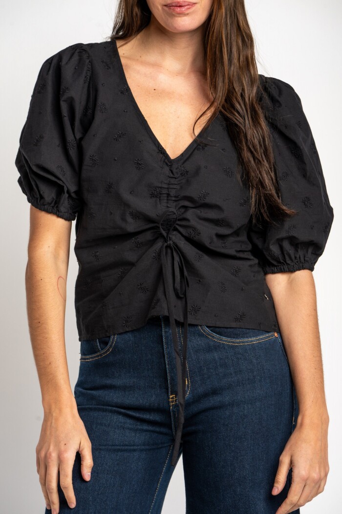 Blusa Bordada Frunces Negro