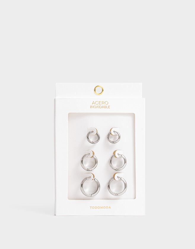 Aros Argollas Set Premium Silver Aros Argollas Set De Acero Quirúrgico - Plateado