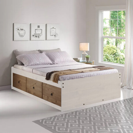 Cama Queen c/cajones Linea Naturale Blanco/Roble