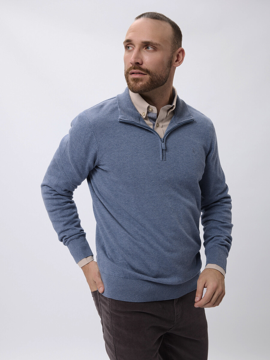Sweater tejido medio cierre - azul piedra 