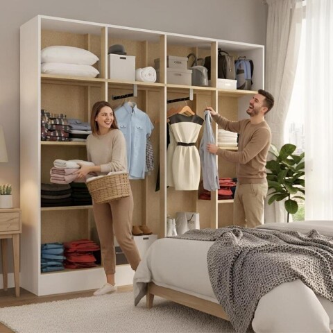 Ropero 8 puertas con estantes y perchero con interior natural - Blanco Ropero 8 puertas con estantes y perchero con interior natural - Blanco