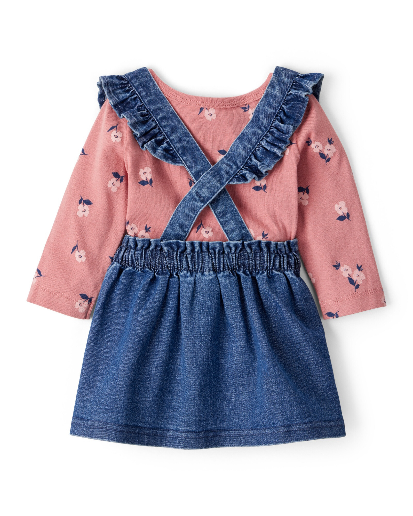 Set tres piezas, jumper jean, remera floral y medias Set tres piezas, jumper jean, remera floral y medias