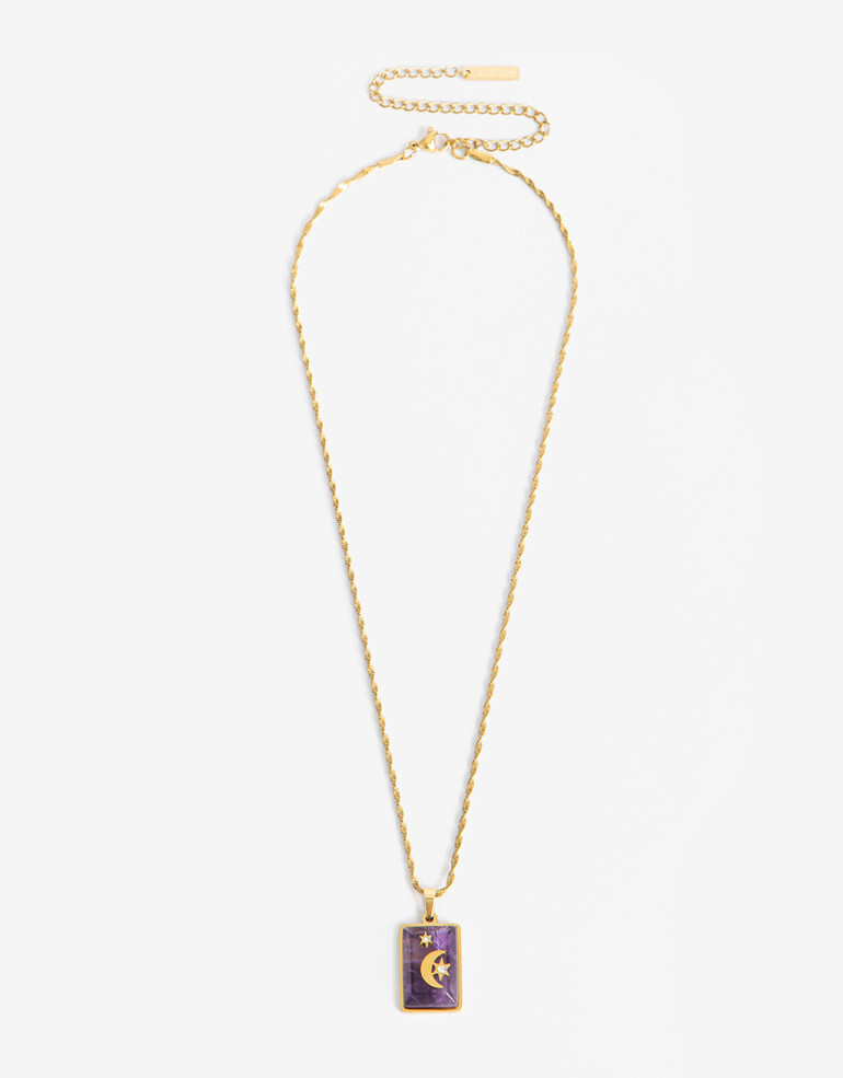 Cadena Corta con Dije Piedras Cadena De Acero Con Piedra Amatista - Dorado