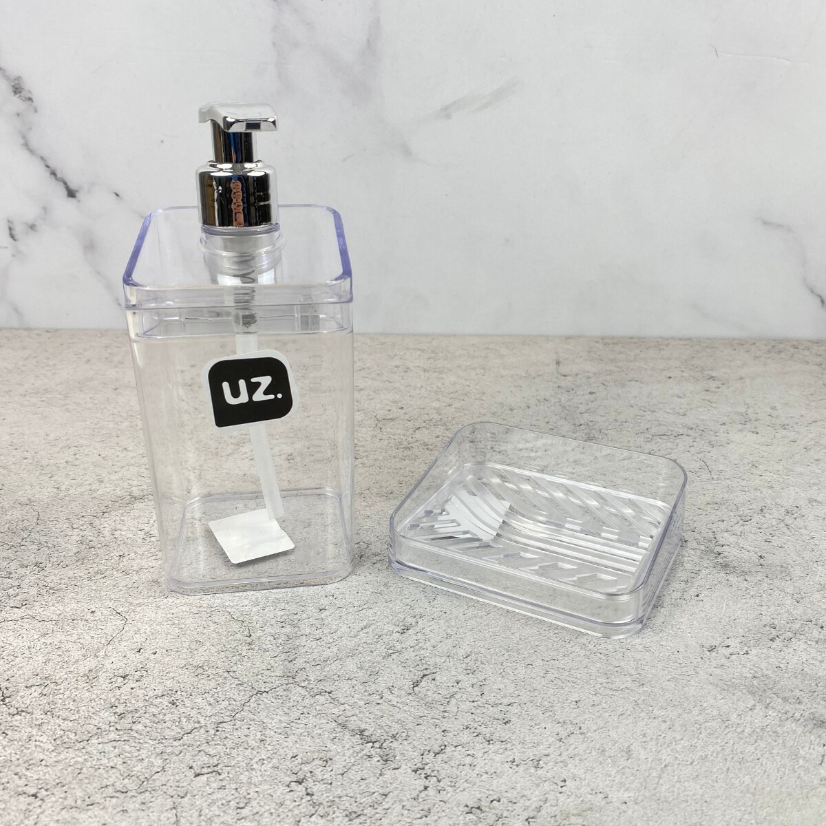 Set Dispensador de jabón 350 ml + Porta jabón - TRANSPARENTE 